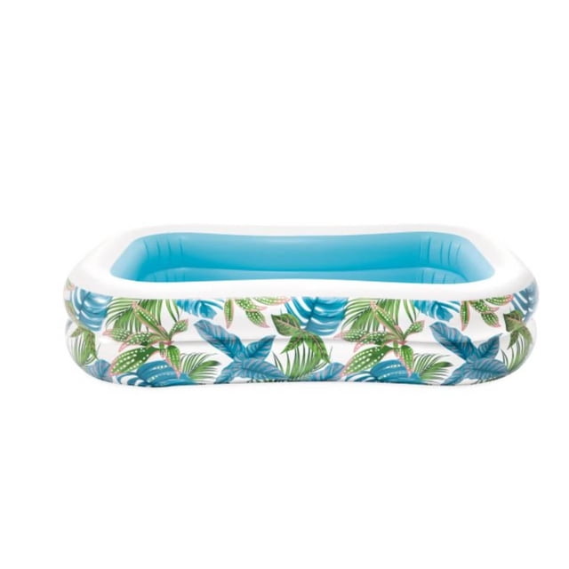 Intex Tropical Swim Center Family Pool, age 3+, inflatable rectangular kiddie pool with tropical leaf pattern on white exterior and blue interior, measuring 90 by 60 by 19 inches, holding 59 gallons at 13-inch wall height, with a drain plug for easy emptying, suitable for outdoor summer family fun.