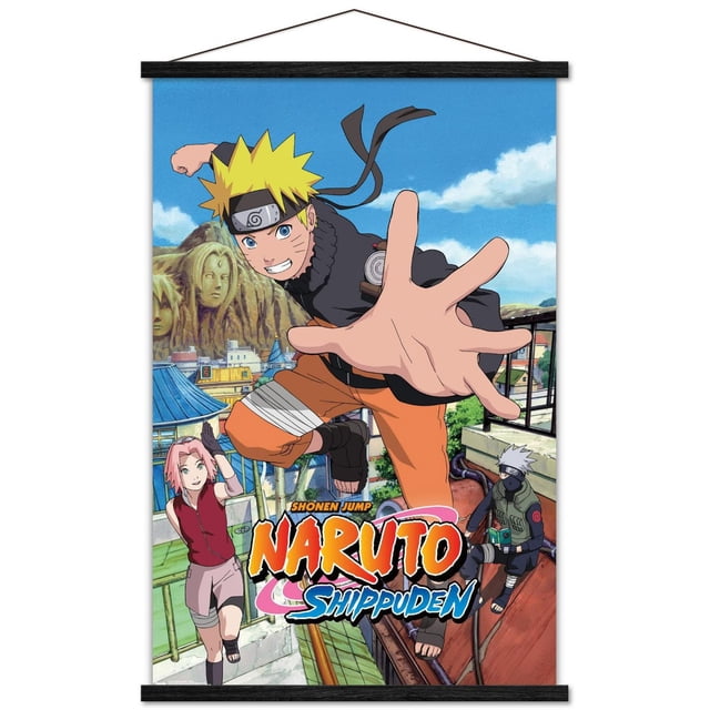 Naruto Shippuden - Affiche Murale « Jump », 22,375 Po x 34 Po Représentant Naruto Uzumaki en pose d'Action avec une Main Tendue, Portant un Pantalon orange et une Veste Noire, Adossé au Village de Feuilles Cachées sous un Ciel Bleu. Sakura Haruno Court à Gauche et Kakashi Hatake s'Asseoit sur un Toit à Droite, Rendu dans un style d'Anime vibrant.
