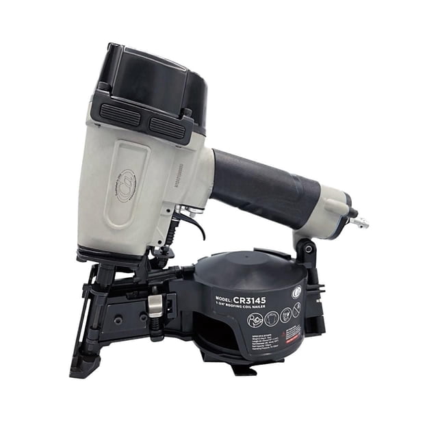 Crisp-Air Roofing Coil Nailer model CR3145 with lightweight magnesium body, contoured black rubber grip, side load reservoir, adjustable depth control dial, 360-degree swivel exhaust, and shingle nail guide, designed for professional roofing and re-roofing applications.