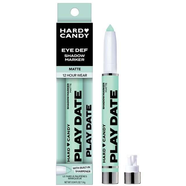 Hard Candy Eye Def Eyeshadow Stick Play Date in matte mint green, a creamy, long-wearing shadow marker with 12-hour wear and built-in sharpener, shown with its packaging and sharpener cap.