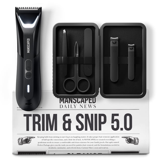 MANSCAPED® Trim & Snip 5.0 set featuring The Lawn Mower® 5.0 ULTRA men's groin and body hair trimmer with dual-head SkinSafe® blades, USB-C compatibility, and travel lock, alongside The Shears 3.0 5-piece nail grooming kit with clippers, scissors, tweezers, and a nail file in a hard-shell case. Includes The Magic Mat® shaving mats for cleanliness.