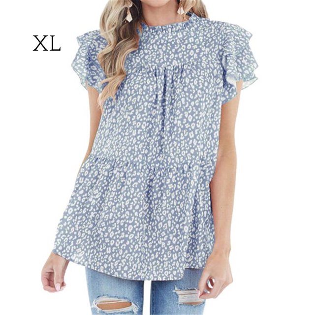 Chemise Femme Imprimé Léopard Chemise à Volants Manches Été, Bleu, TG