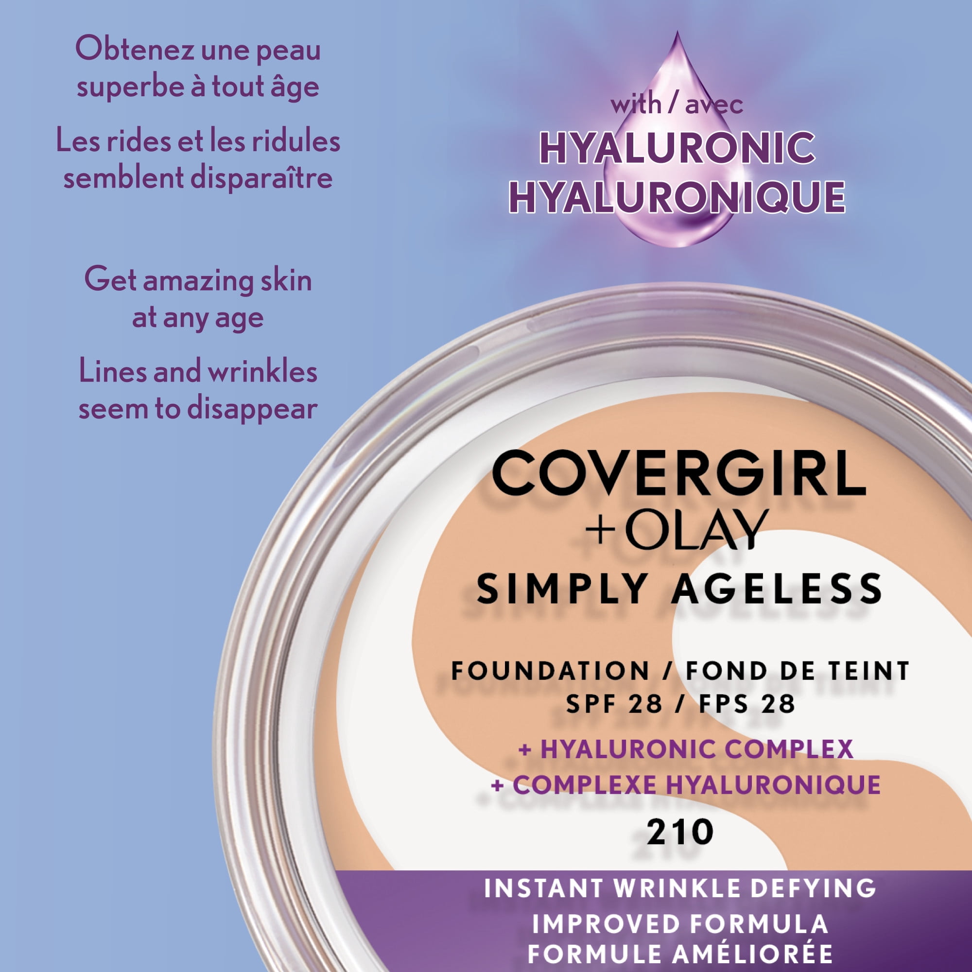 COVERGIRL Fond de teint Simply Ageless Instant Wrinkle Defying avec complexe hyaluronique, vitamine C et niacinamide - SPF 28, 100% sans cruauté