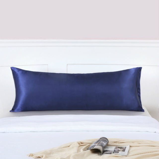 zanvin 2 Pack Microfiber Soft Body Pillowcase with Hidden Zipper, Soft Breathable Body Pillow Cover, 20" x 54". The image shows a navy blue pillowcase on a body pillow placed on a neatly made bed with a white duvet and beige throw blanket. The pillowcase features a smooth, soft texture and a hidden zipper design. Suitable for bedroom, sofa, or living room decor. Body pillow not included.