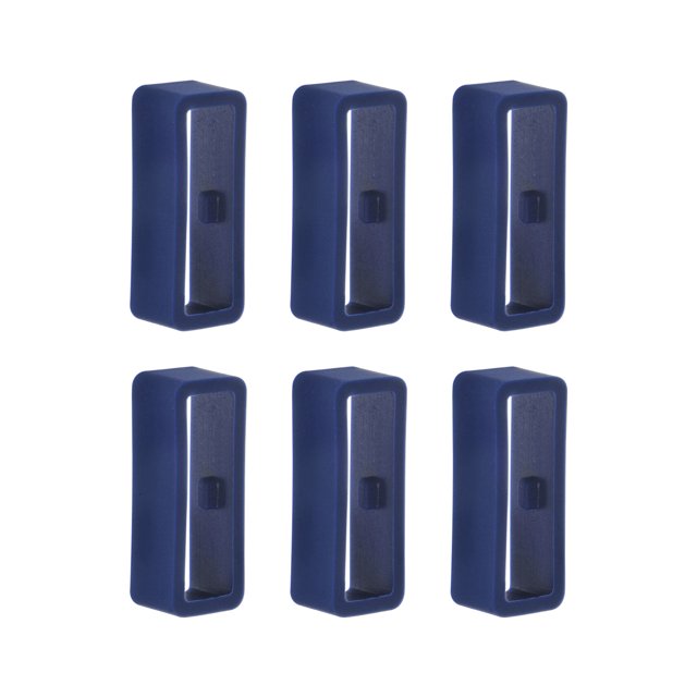 Unique Bargains 6pack Watch Strap Loop Fastener Rings in navy blue, designed for 18mm silicone watch straps. These durable and lightweight silicone rings feature a notch for secure fastening, ensuring extra straps stay in place during outdoor activities. Each ring measures 21.5 x 6 x 8mm and includes a point fixed clip for added stability. Suitable for comfortable and abrasion-resistant wear. Ensure proper strap and hole size before ordering.