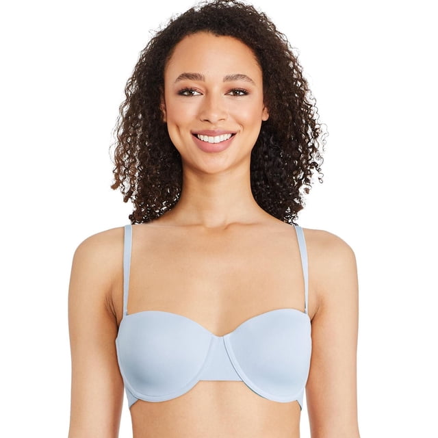 George Women's Convertible Bra in light blue with adjustable and convertible spaghetti straps, molded cups, underwire lift, and plunge neckline, shown front-facing on a model, featuring a hook and eye closure for easy wear, suitable for versatile support and styling.