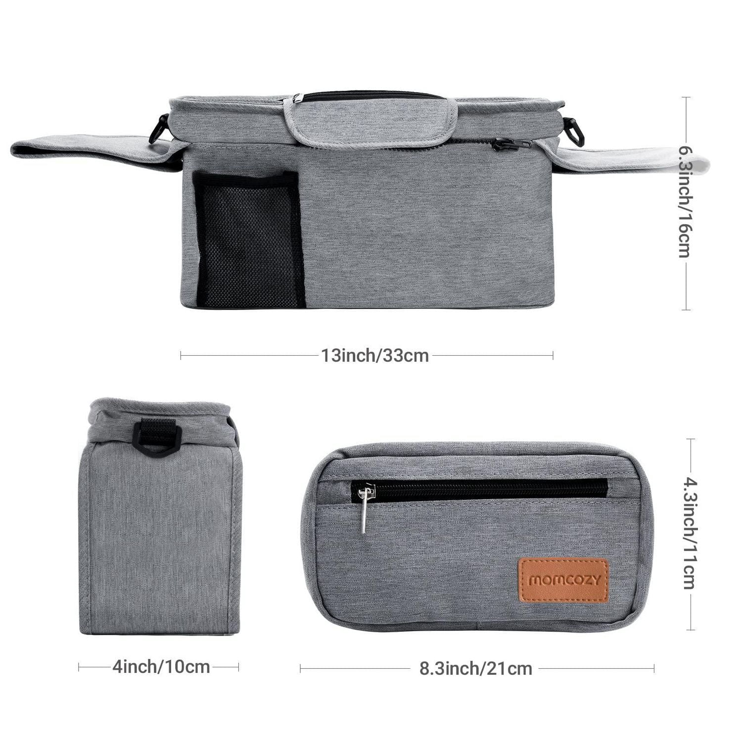 Momcozy Universal Baby Stroller Organizer with Insulated Cup Holder, Detachable Phone Bag & Shoulder Strap, Gray, Infant & Toddler