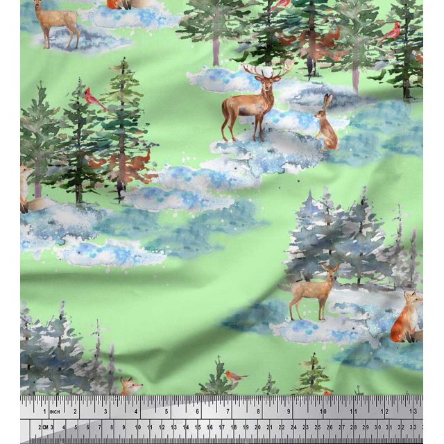 Soimoi Green Rayon Fabric Animals & Pine Tree Fabric Prints By Yard 56 Inch Wide