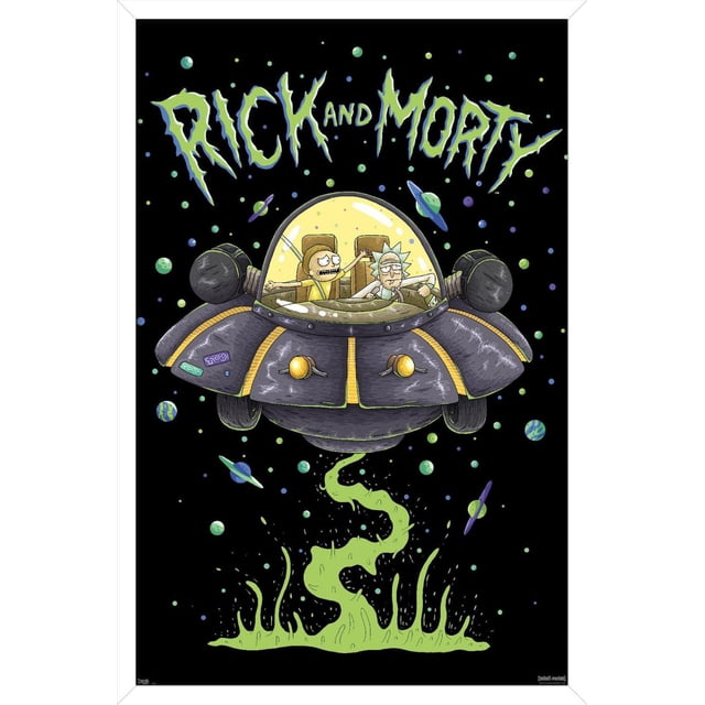 Rick And Morty - Affiche Murale de Navire, 22,375 Pouces x 34 Pouces Représentant des Personnages Animés Rick And Morty à l'Intérieur d'Un Vaisseau Spatial Gris et Jaune avec un Dôme transparent, Flottant dans l'Espace avec des Planètes Colorées et de la Fumée d'Alien Verte en Dessous, Imprimée sur Papier d'Affiche Lustré, Convient pour Décorer des Chambres Ou des Bureaux.