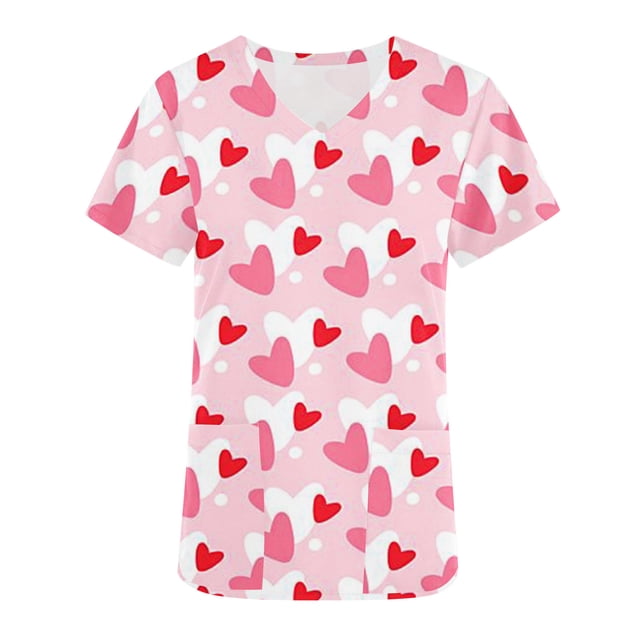 TIMIFIS Womens Valentine's Day Nursing Scrub Tops Working Uniform Short Sleeve V Neck Workwear Blouse T-shirt with Pockets - Spring