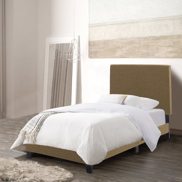 CorLiving Juniper Fabric Upholstered Adult Twin/Single Platform Bed Frame with Padded Headboard and Slats, No Box Spring Required, Clay Brown