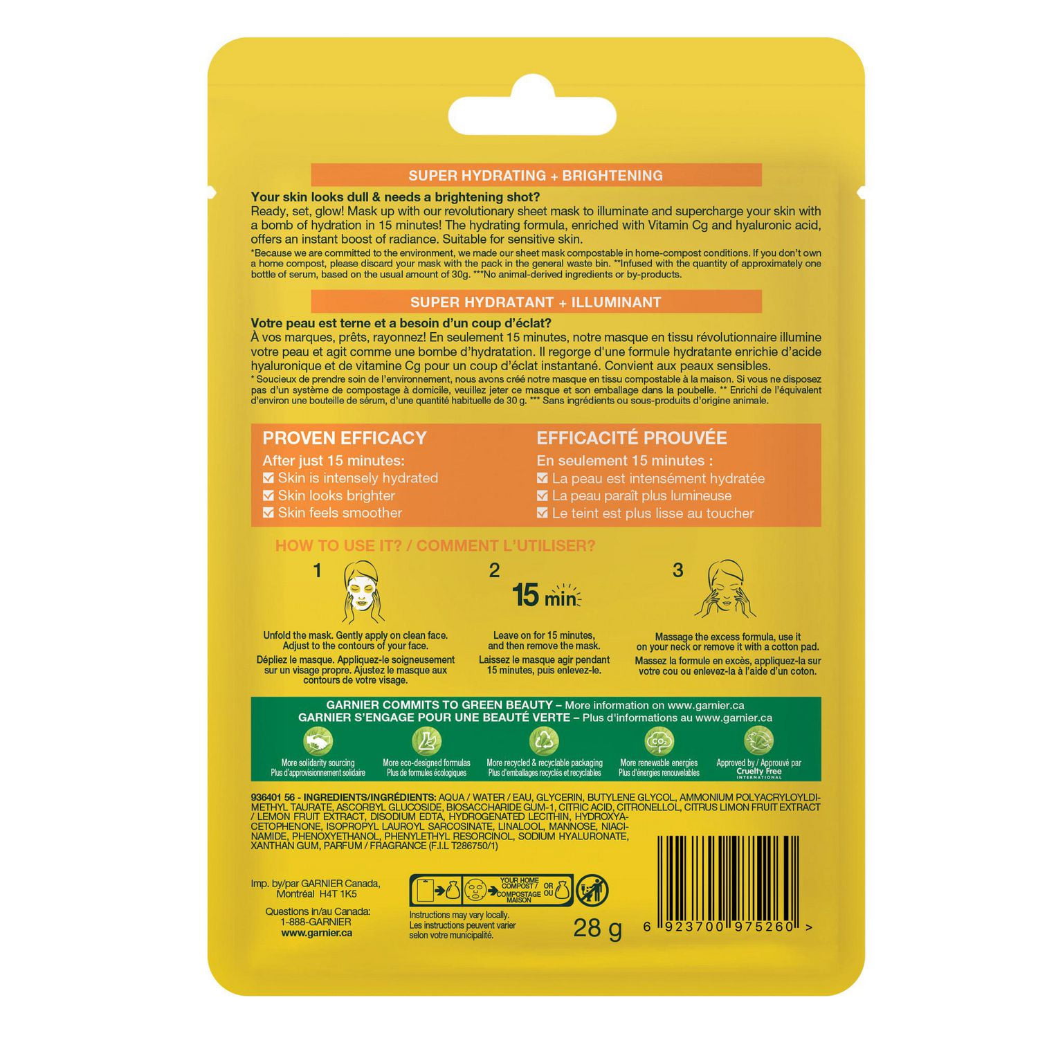 Masque visage Garnier, soins de la peau éclaircissants et hydratants, acide hyaluronique + vitamine C, pour peau terne et inégale, 1 masque en tissu, 28 g