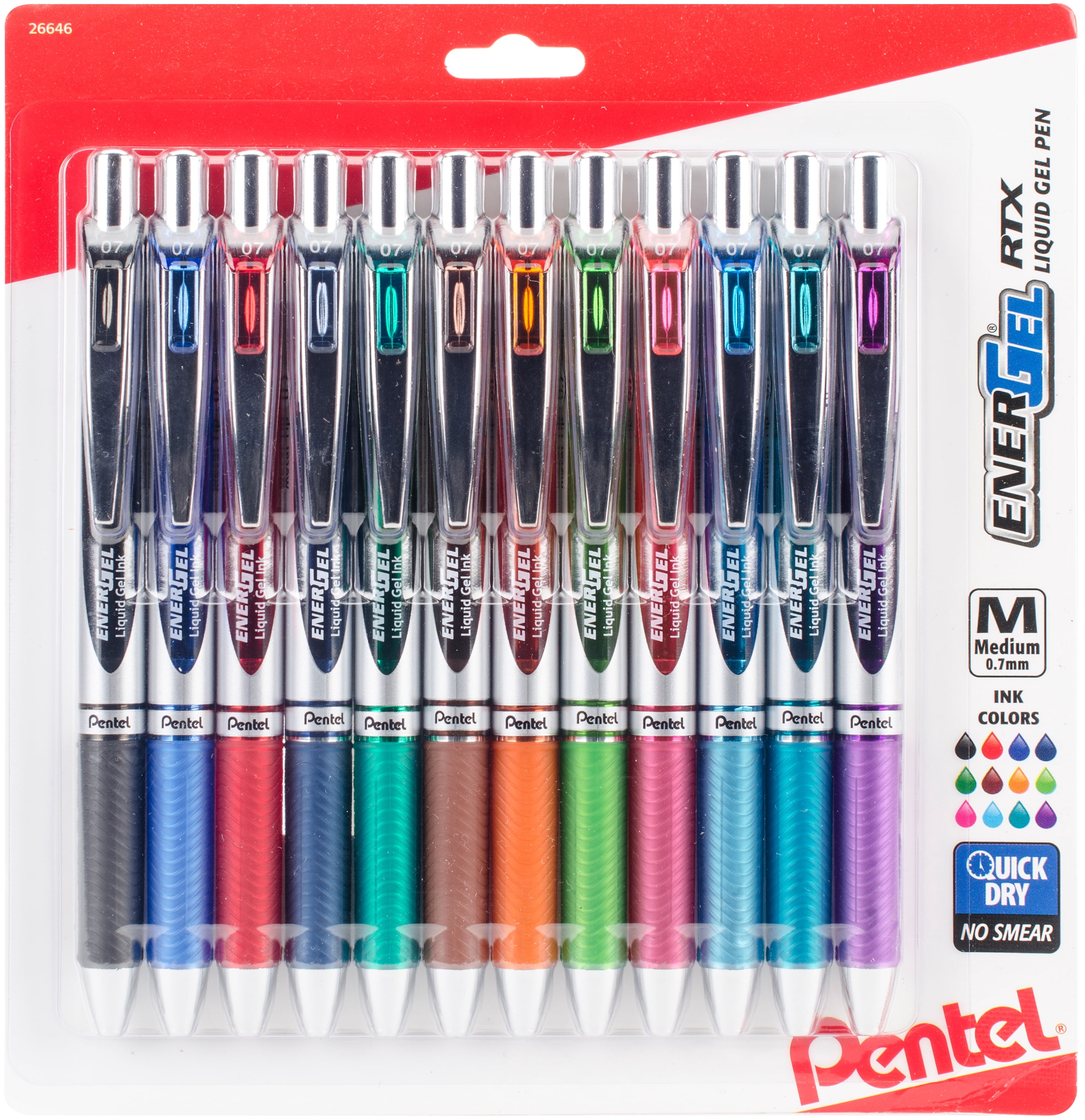 Pentel Energel RTX Retractable Liquid Gel Pens, Medium Point, 0.7 mm, Assorted Ink Colors, 12 Count