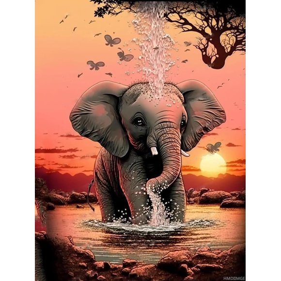 Kit de Peinture Diamant Éléphant au Coucher du Soleil - Art Diamant Animal de Dessin Animé, Kit d'Art Perles Cristal Rondes Complètes 5D (pour Adultes) - Idéal pour la Déco de la Maison, la Décoration de Club Ou pour Offrir - 12x16 Pouces (Sans Cadre)
