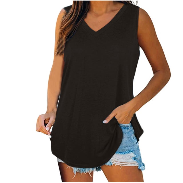AherBiu Womens Tank Tops V Neck Basic Solid Color Tops Flowy Loose Fitted Summer Sleeveless Camis Shirts
