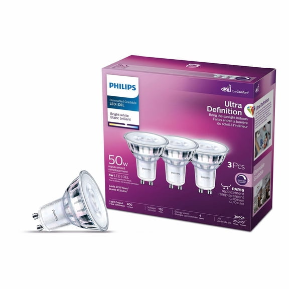 Philips Ultra Definition LED 50W GU10 Bright White Dimmable Glass Light bulb 3-Pack