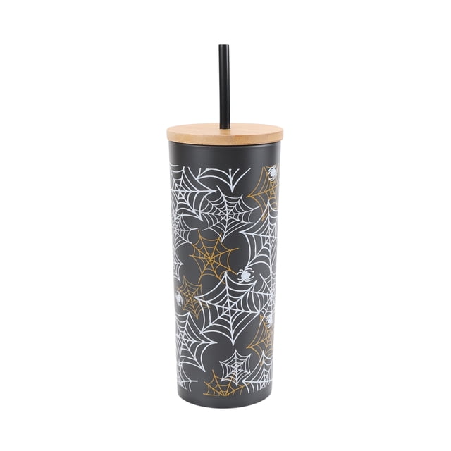 Way To Celebrate 27 oz black recycled PET sipper tumbler with white and gold spiderweb and spider designs on a tall cylindrical body, topped with a natural bamboo lid and black reusable straw, ideal for Halloween party tableware and everyday hydration.