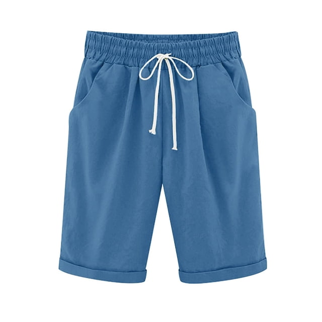 Timegard Plus Size Shorts for Women Summer Casual Solid Color Elastic Waist Knee Length Pants with Pockets
