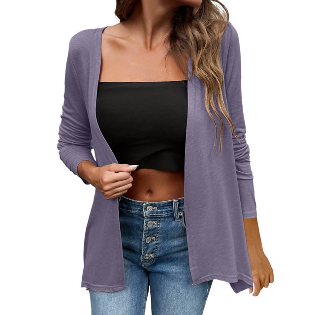 Cardigans Ouverts pour Femmes Légers à Manches Longues, Cardigan Décontracté Mince d'Automne, Ample, Drapé et Fluide, Violet, TG