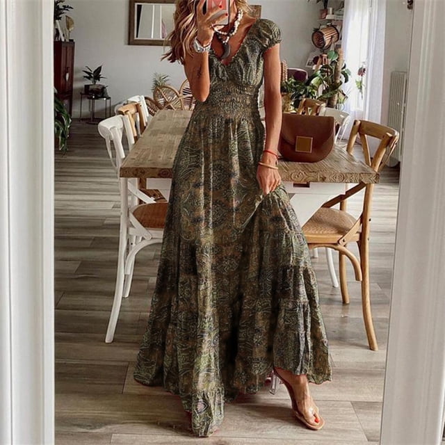 SMihono Robes d'Été Bohémiennes Femmes Grande Taille Mode Femmes Chiffon Été Décontracté Imprimé Col en V Manches Courtes Robe Longue