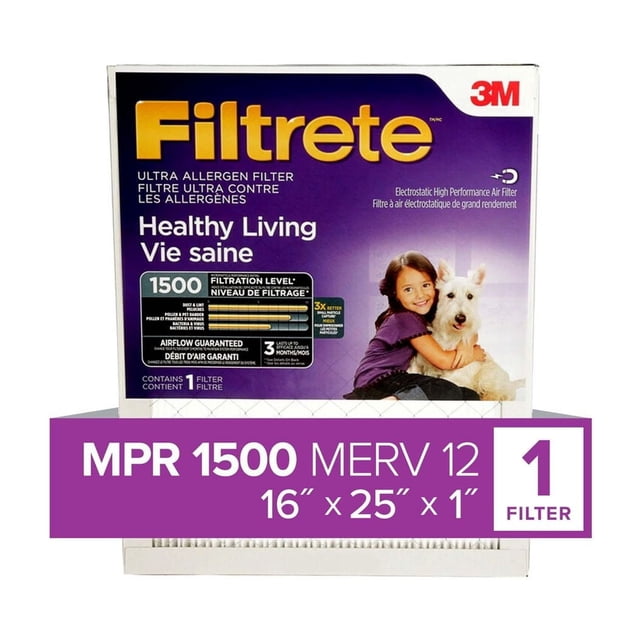 Filtrete™ Healthy Living Ultra Allergen Filter, MPR 1500, 16 in x 25 in x 1 in, electrostatic high-performance air filter with MERV 12 rating, captures dust, allergens, bacteria, and viruses for cleaner home air, includes one filter.