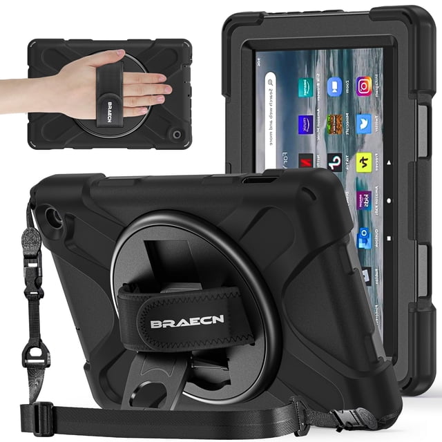BRAECNstock for Amazon Fire 7 Tablet Case 12th Generation 2022 7"" Shockproof Protective Rugged Amazon Kindle Fire 7 Kids Tablet Cover with Rotating Hand Strap+Stand Pen Holder Shoulder Strap - Black