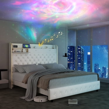 SIBEDS Queen LED Bed Frame with 52" Crystal Button Tufted Upholstered Headboard, Galaxy Projector & Charging Station, No Box Spring Needed, Velvet Cream