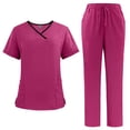 thumbnail image 3 of Ensemble de Sarrau Jogger 2 Pcs pour Femmes, Uniformes d'Infirmière Classiques et Tendance, Hauts à Manches Courtes à Encolure Croisée et Pantalons, Uniforme Médical, Rose Vif, P, 3 of 3