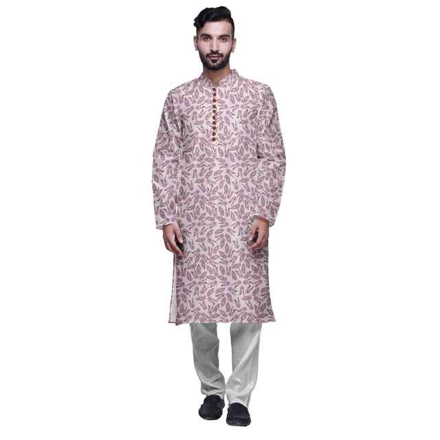 Atasi Mens Printed Modal Satin Indian Long Kurta With White Churidar Pajama Set