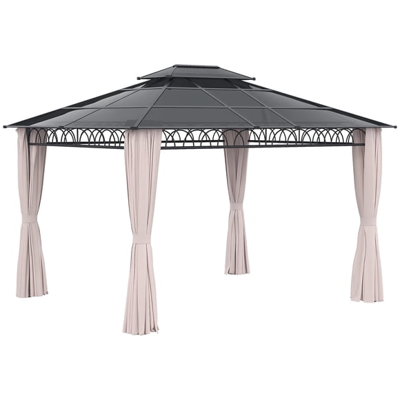 Outsunny 10' x 12' Double Roof Hardtop Gazebo with Nettings Curtains Khaki