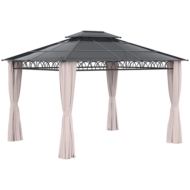 Outsunny Pavillon à Toit Rigide à Double Toit 10 Pieds x 12 Pieds avec Moustiquaires et Rideaux en Kaki, Doté d'Un Toit en polycarbonate Translucide Noir, d'Un Cadre en Aluminium et Métal Gris Foncé, et de Rideaux en polyester Kaki. Comprend une Moustiquaire pour la protection contre les Insectes, un Toit à Double Évent pour la circulation de l'Air, et un design Spacieux pour l'Ombre et l'Intimité à l'Extérieur. Idéal pour les Rassemblements d'Été et les barbecues.