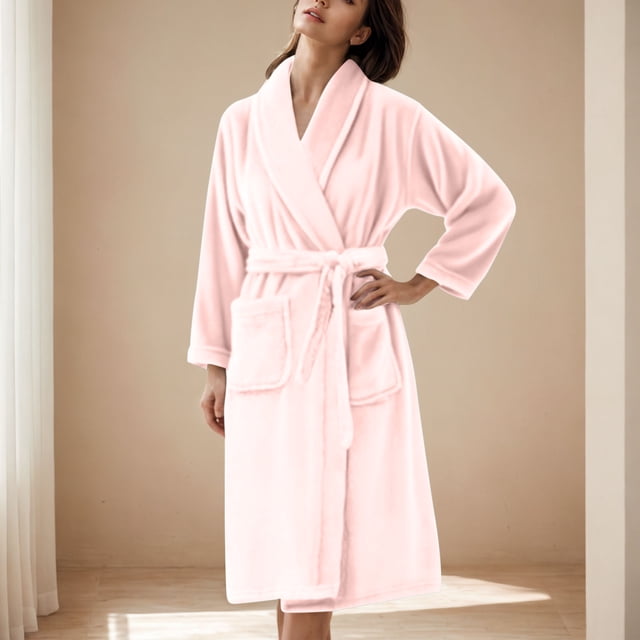 Soki Premium Womens Plush Soft Robe Fluffy, Warm, Fleece Sherpa Shaggy Bathrobe Pink L