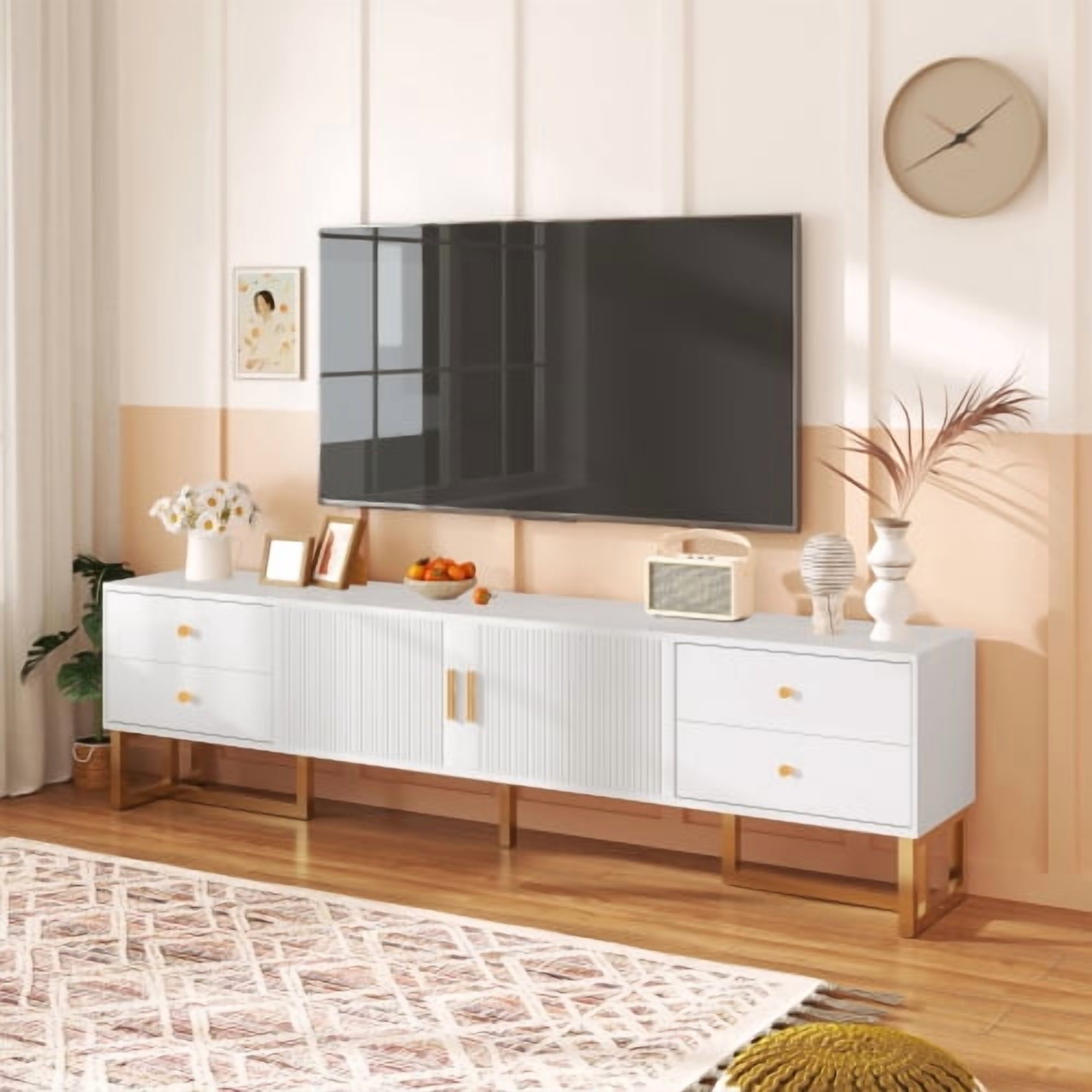 TV Cabinet, Low Panel with Textured Doors, TV Stand with Drawers, Gold Handles and Gold Legs