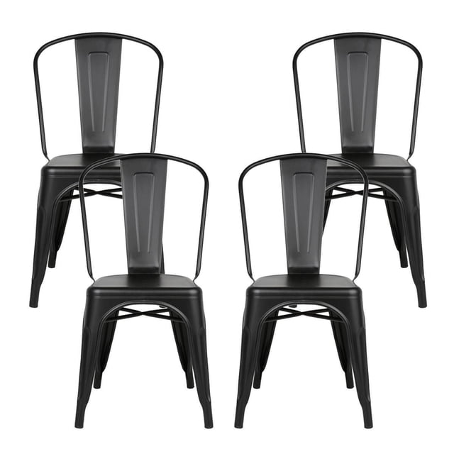 Heavenly Collection Black Metal Dining Chairs set of 4 with modern armless design, curved backrest, and durable scratch-resistant steel frame. Weatherproof and stackable for space-saving storage, suitable for indoor and outdoor kitchen or dining areas, often used as patio seating.