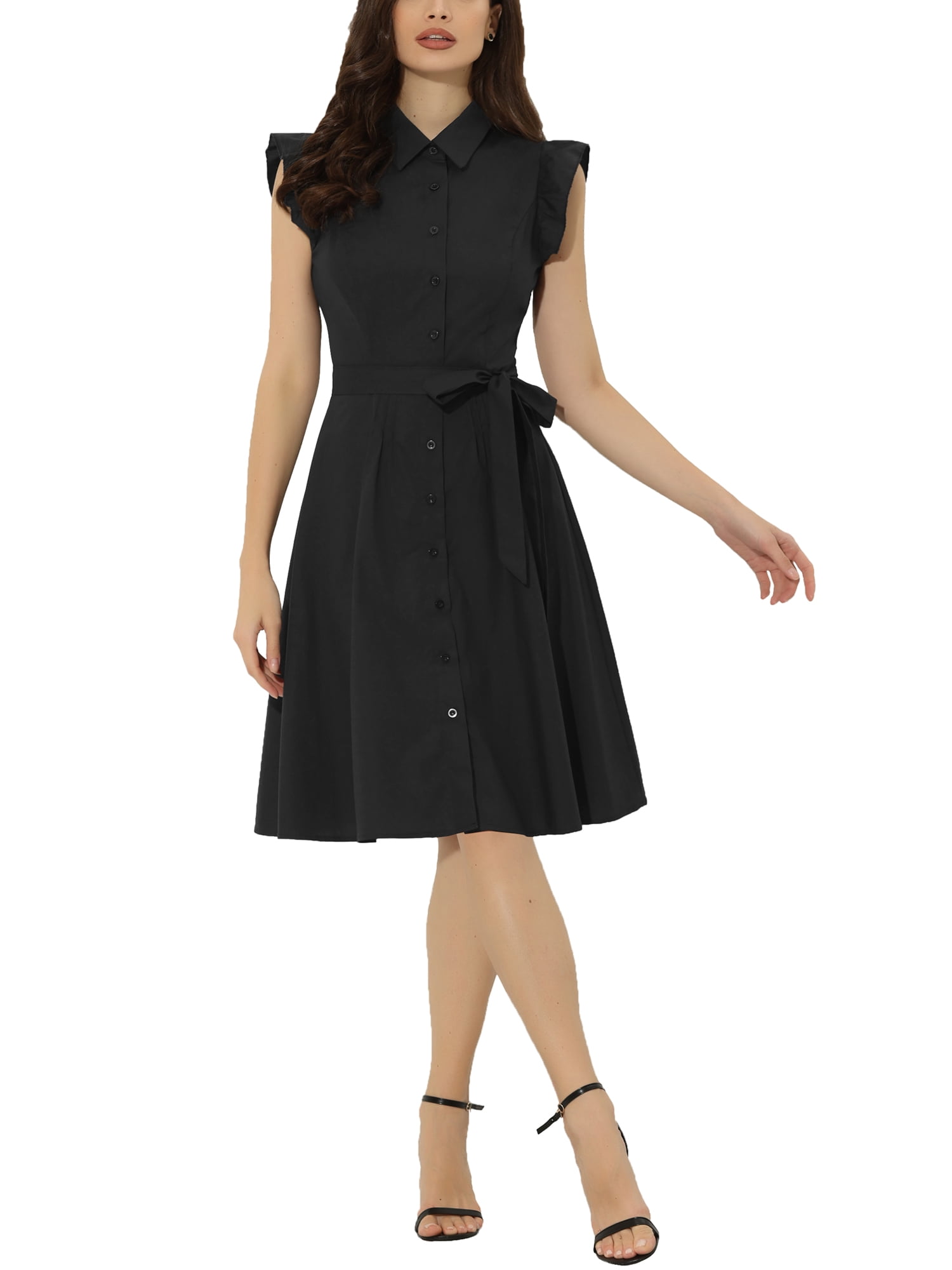INSPIRE CHIC Robe-Chemise pour Femme Manches Cap Pointes Col à Pointes Taille à Nouer Boutons Mi-Longue Noir TG