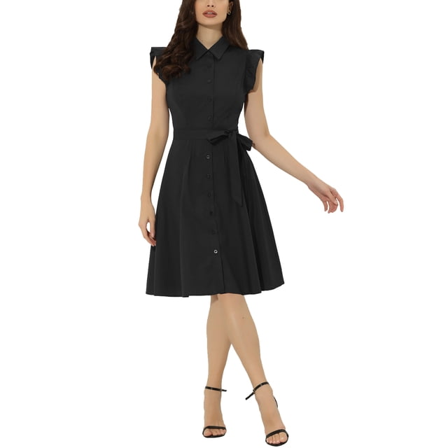 INSPIRE CHIC Robe-Chemise pour Femme Manches Cap Pointes Col à Pointes Taille à Nouer Boutons Mi-Longues TG Noir