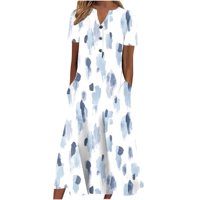 Cameland Robe d'Été pour Femme Décontractée à Col en V avec Boutons, Manches Courtes, Imprimée, Coupe Évasée, avec Poche