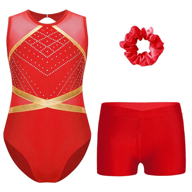 RUNQHUI Kids Girls Gymnastics Dance Active Outfit Sleeveless Patchwork Rhinestones Leotard with Shorts Red 14