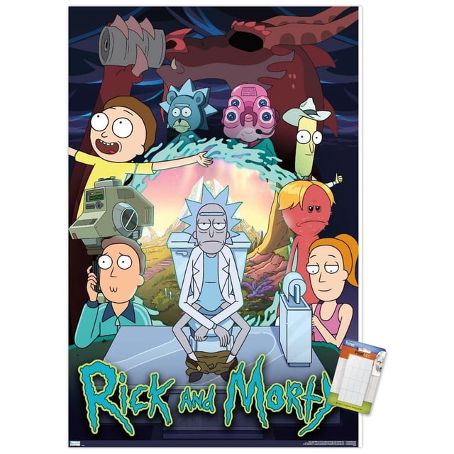 Rick And Morty - Affiche Murale de Groupe Saison 4, 14,725 Pouces x 22,375 Pouces Représentant Rick Assis sur une Toilette Futuriste avec Pantalon Abaissé, Entouré de Personnages Principaux Incluant une Figurine de Chat Bleu, un Extraterrestre Rose aux Yeux Multiples et un Personnage Chapeau de Cowboy Jaune, sur Fond de Portail Coloré et de Grande Créature Rouge, avec le logo Rick And Morty en Texte Stylisé Vert et Bleu au Bas, Convient à l'Art Mural dans les Chambres,