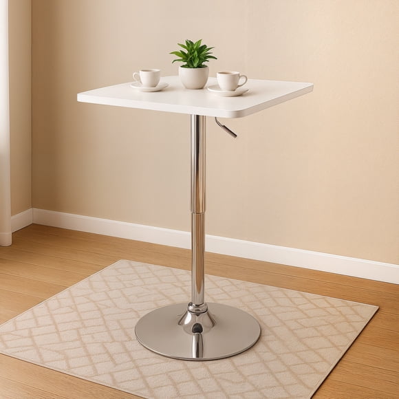 CorLiving Maya Square Engineered Wood Top Adjustable Height Swivel Bar Table with Metal Pedestal Base, Chrome/White