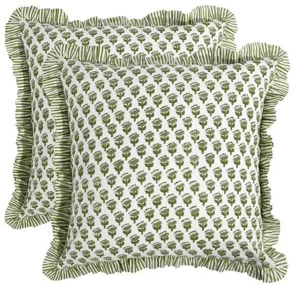 CPC Block Print Ruffle Throw Cover Emerald Green 20"x20" Inch Pack of 2-Cotton Ruffle Couch Decorative Boho Pillows Case for Living Room, Bedroom, Sofa, Farmhouse Gift f