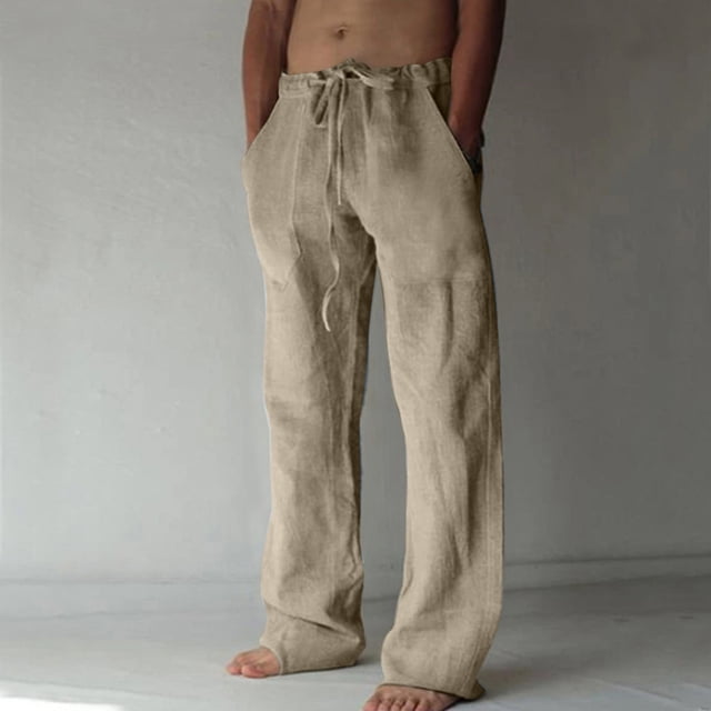 TIMIFIS Mens Casual Beach Pants Loose Elastic Waist Drawstring Straight Legs Summer Solid Color Cotton and Linen Pants with Pockets - Spring/Summer