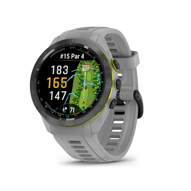 Garmin Approach® S70 1.2-in AMOLED Display GPS Golfing Smartwatch in grey with ceramic bezel and ventilated silicone strap, showing detailed hole 15 Par 4 golf course map with yardages 183, 165, and 147, player location, and shot data on the touchscreen, angled view with three side buttons.