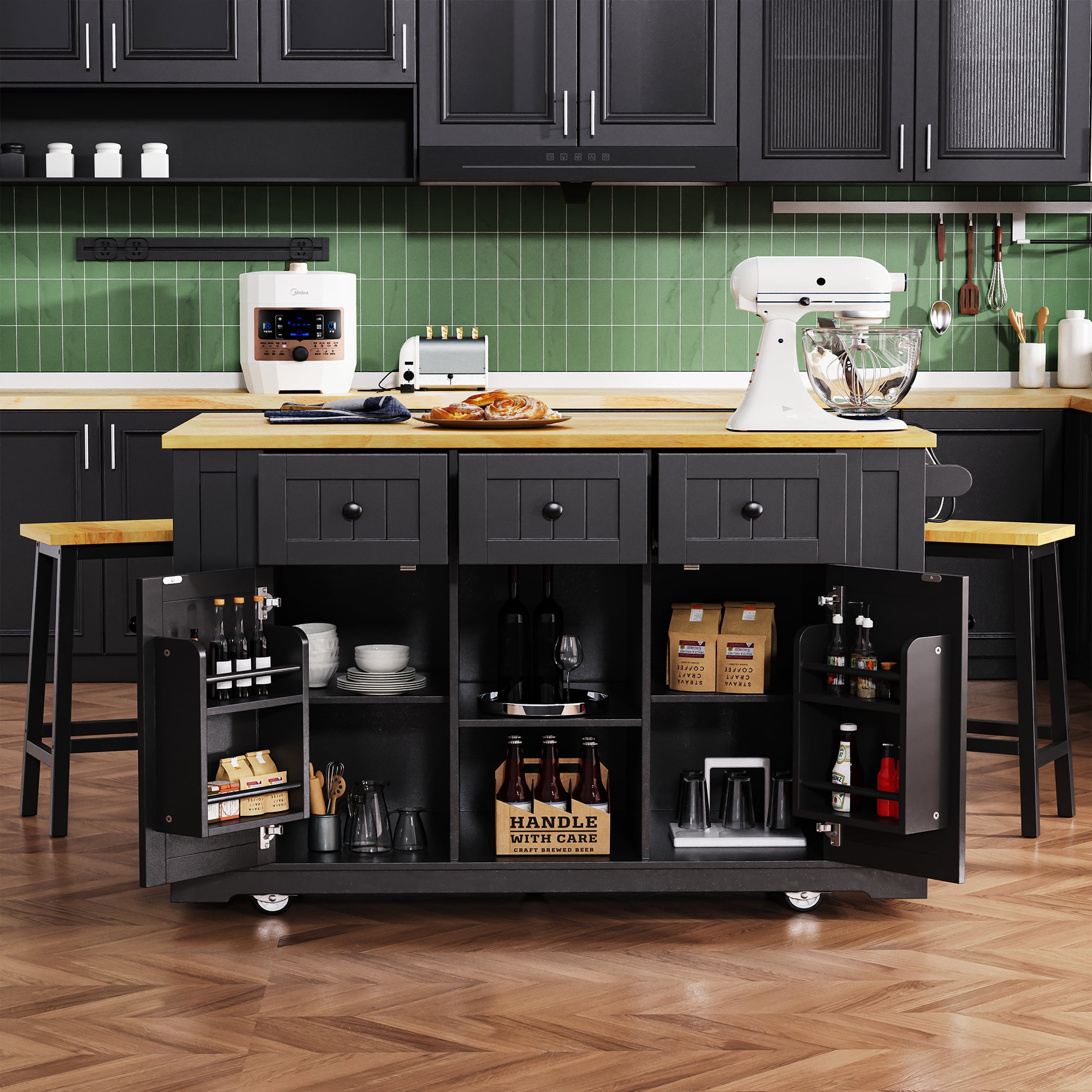 Noble House 53" Large Kitchen Island with Drop Leaf,5 Wheels 5 Open Side Racks,White