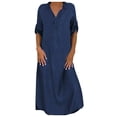 thumbnail image 2 of EGNMCR Denim Robe Longue en pour Femme Manches 3/4 Automne Décontractée Ample Fendue Robes de Plage Longue Robe d'Été, 2 of 6