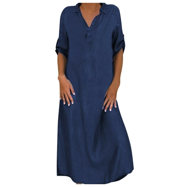 WTXUE Robe en Denim, Robes Maxi pour Femmes à Manches Mi-Longues pour Rendez-Vous à la Plage, Robe Décontractée Ample, Robe Bleue Femme, 2# Bleu Foncé m