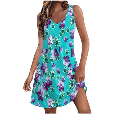 Pisexur Robes d'Été pour Femmes 2024 Plage Décontractées Sans Manches Robe Midi Imprimé Floral Débardeur Ample Robe Soleil avec Poche P-2TG