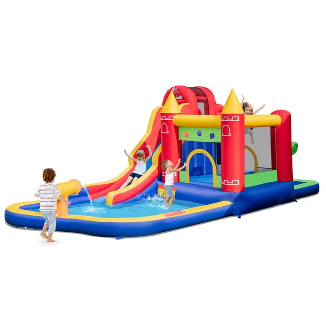 Costway 9-in-1 Inflatable Bounce Castle with Waterslide and Water Cannon for kids aged 3 and above, shown in a vibrant multicolour design. The castle features a tall slide with safety handrails, a splash pool with a water cannon, a ball pit, and a bounce house with a mesh net for safety. Children are actively playing, sliding, and splashing in the water. The structure is made of durable 420D Oxford fabric and PVC, reinforced with double stitching for stability. Includes 50 colourful ball pit balls, 8 ground stakes, and a repair kit for added convenience.