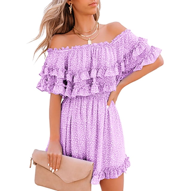Women‘s Summer Off Shoulder Dress Pleated Flowy Neck Belt Printed Dress
