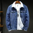 thumbnail image 2 of Men Casual Solid Thick Denim Jacket Plus Fleece Turndown Jacket Pocket Coat, 2 of 9